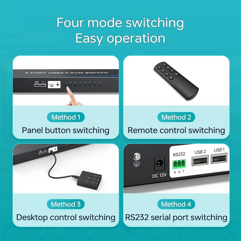eKL 8 Port HDMI KVM Switch, Supports 4K@30Hz, 1U Rack Mount, 4 USB 2.0 Hubs, RS232, Remote, Wired Desktop Controller with 8 HDMI KVM Cables, Rack Ears - Image 4